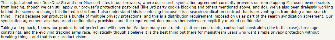 Screenshot of an excerpt of DuckDuckGo CEO Gabriel Weinberg's statement