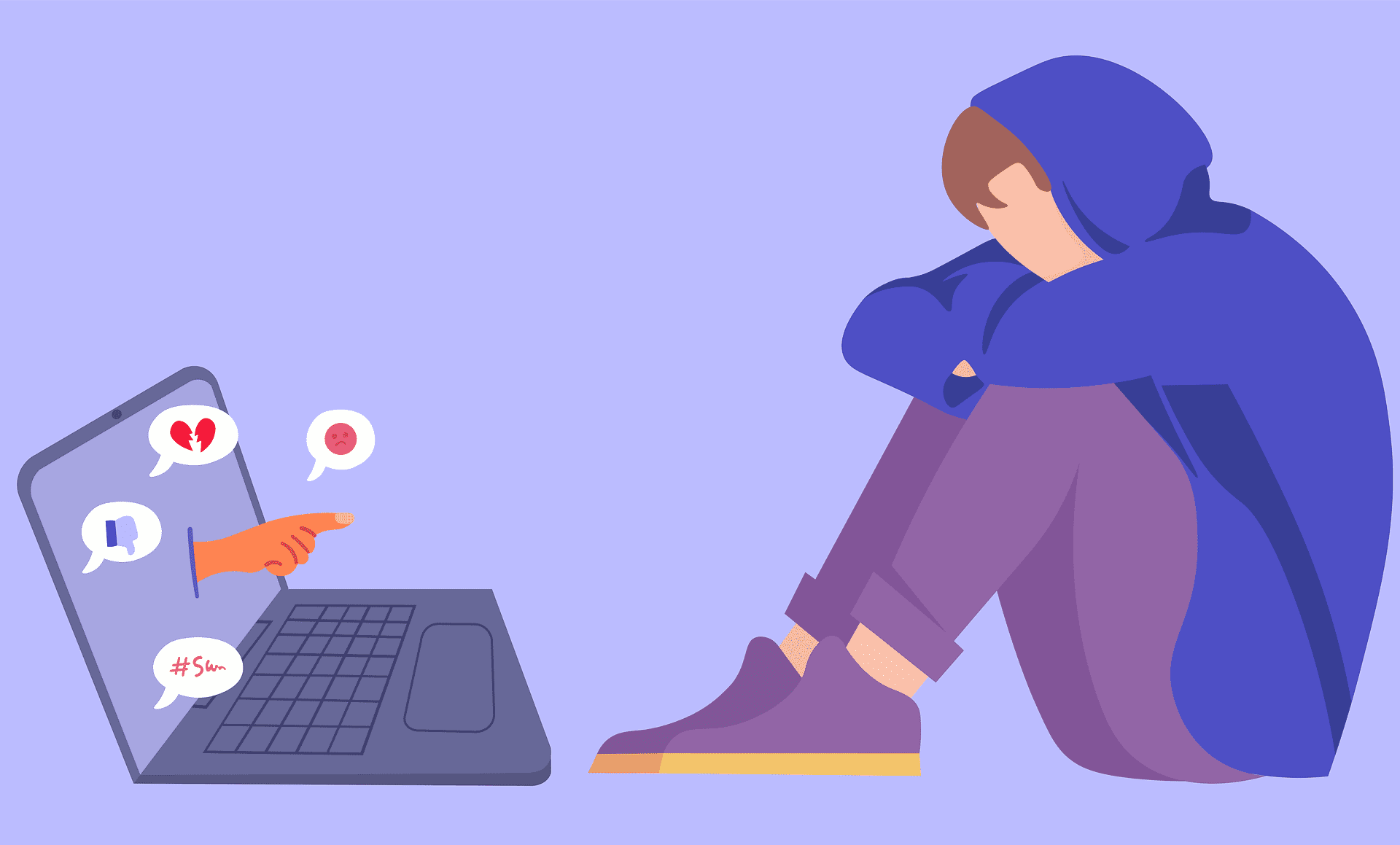 Illustration of a boy in a hoodie sitting next to a laptop with negative iconography related to cyberbullying