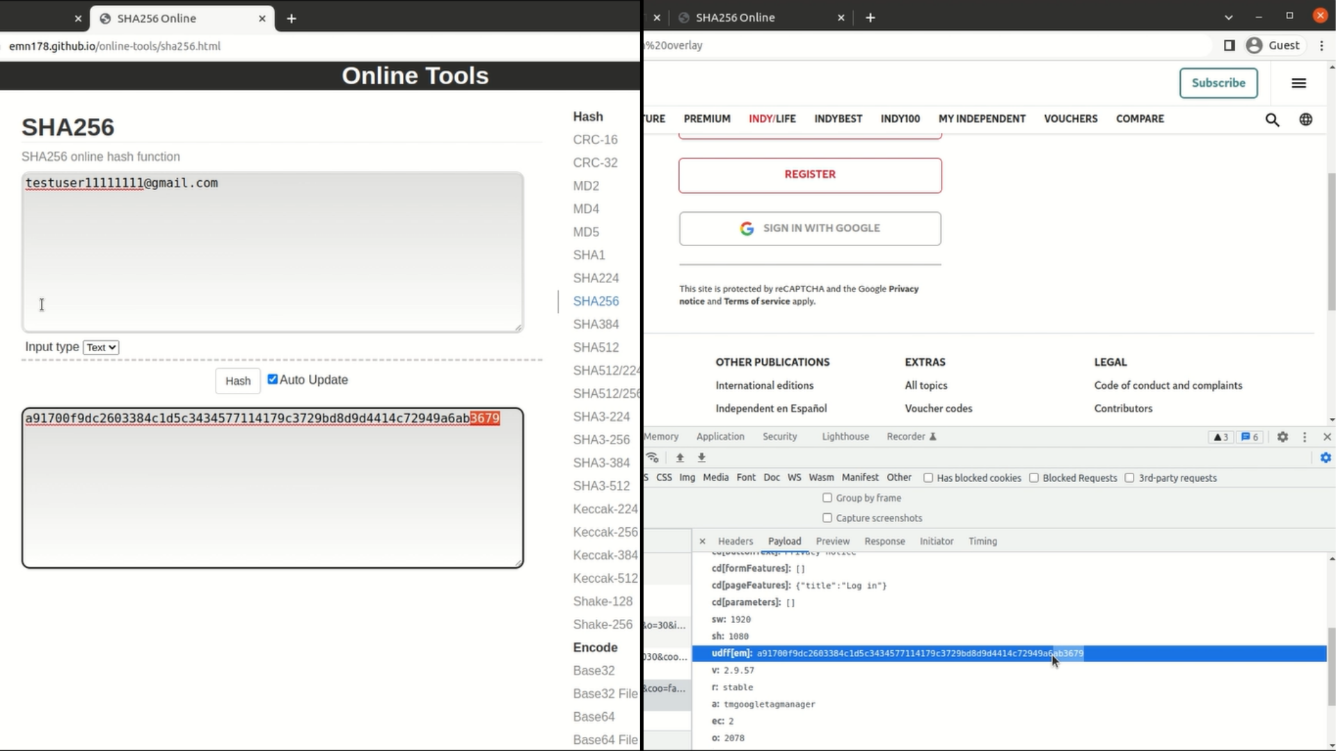 Two side by side screenshots showing a matching algorithm representing the hashed email Meta is tracking