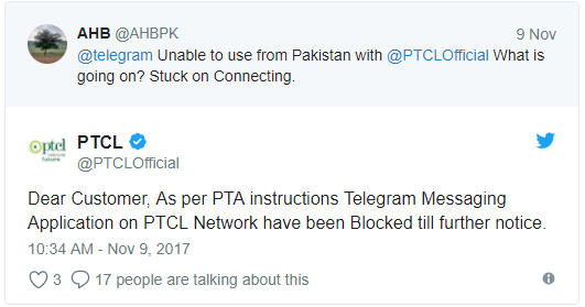 Screenshot of tweet from Pakistani citizen asking their ISP why they can't access Telegram