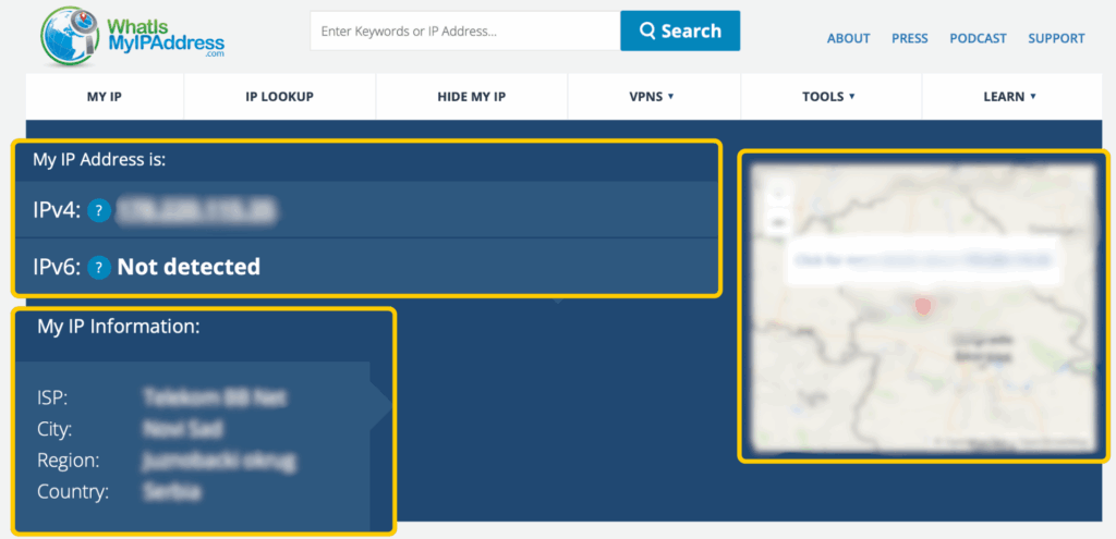 Using a free IP scanning tool to find more information about a specific IP and geo-location.