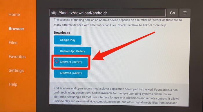 Screenshot of Kodi download options page
