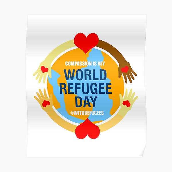 hands together around a globe stating World Refugee Day.