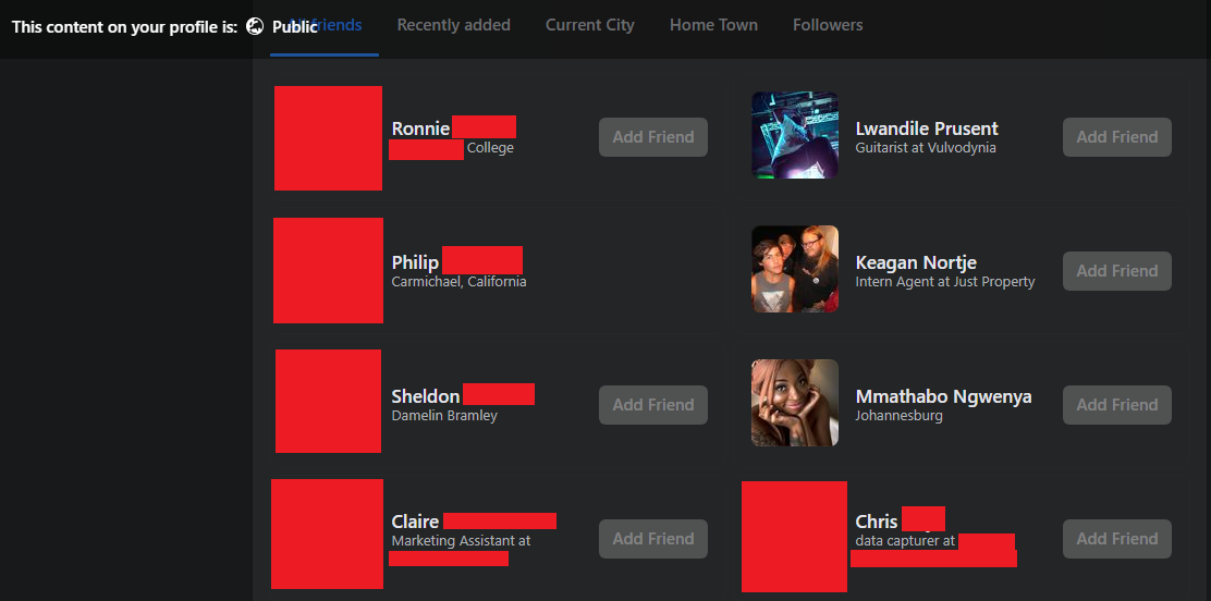 Screenshot of a Facebook friends list set to public