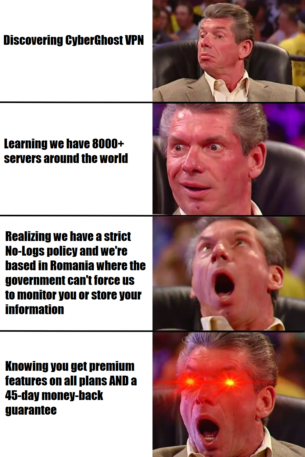 A Vince McMahon meme used to promote CyberGhost VPN's features