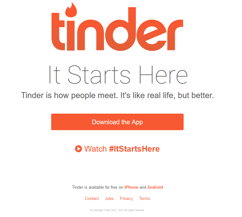 Tinder's website homepage in 2013.