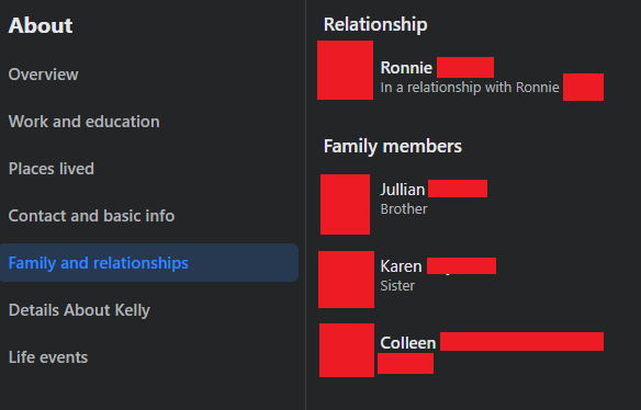 Screenshot of relationship and family connections on Facebook