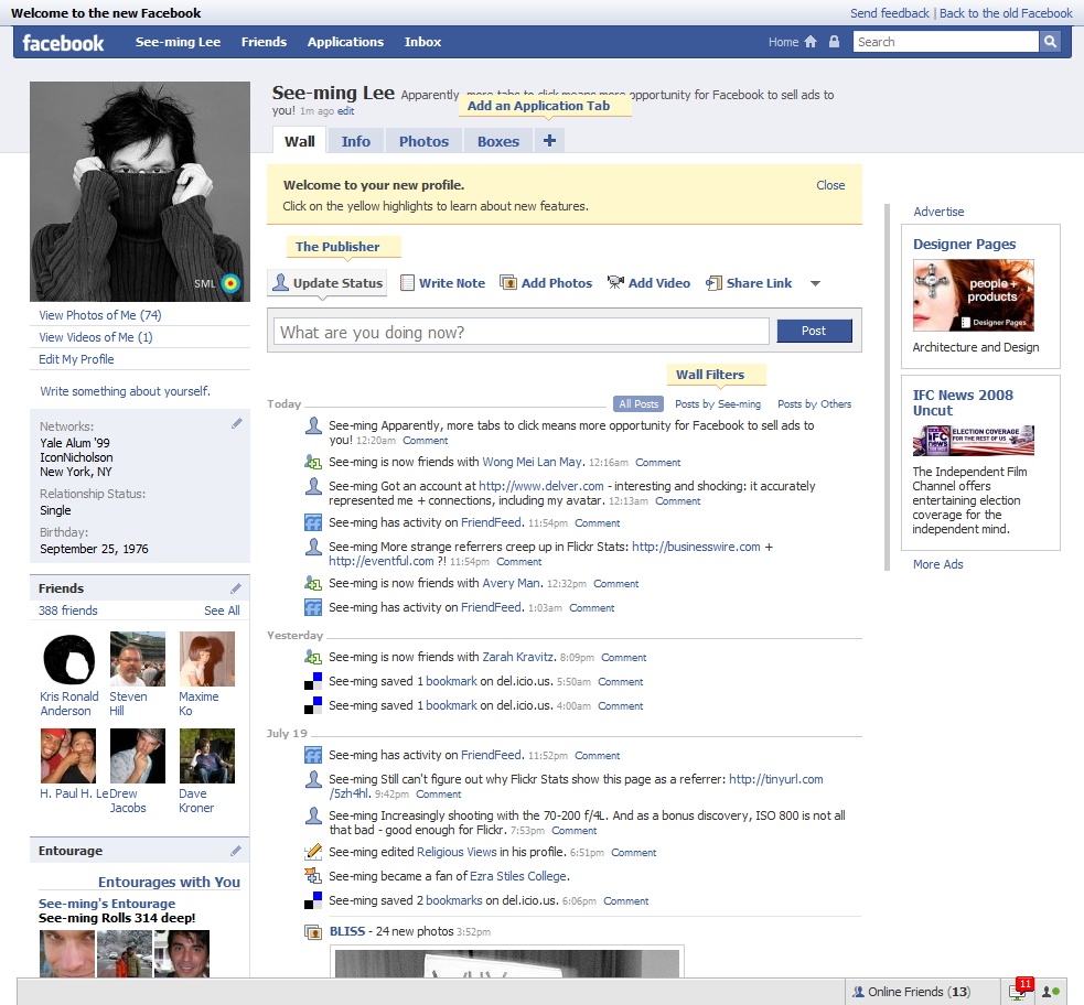 Screenshot of Facebook's News Feed in 2008