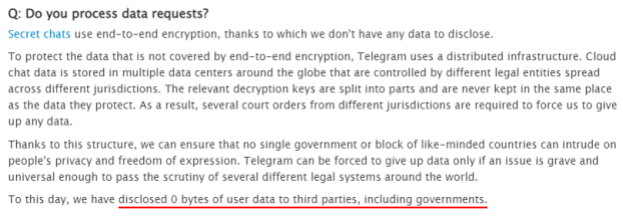 Screenshot from Telegram's FAQ section describing how it processes data requests.