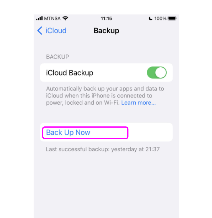 An iPhone showing the iCloud Backup screen.