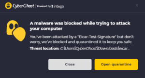 CyberGhost antivirus blocking a potential threat