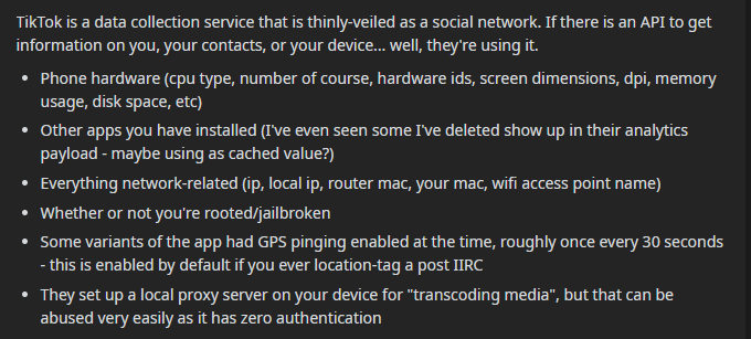 Screenshot of a reddit post by bangorlol that describes TikTok's data gathering practices