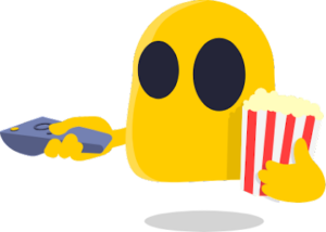 CyberGhost logo holding a TV remote and popcorn.