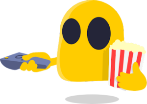 CyberGhost logo holding a TV remote and popcorn.