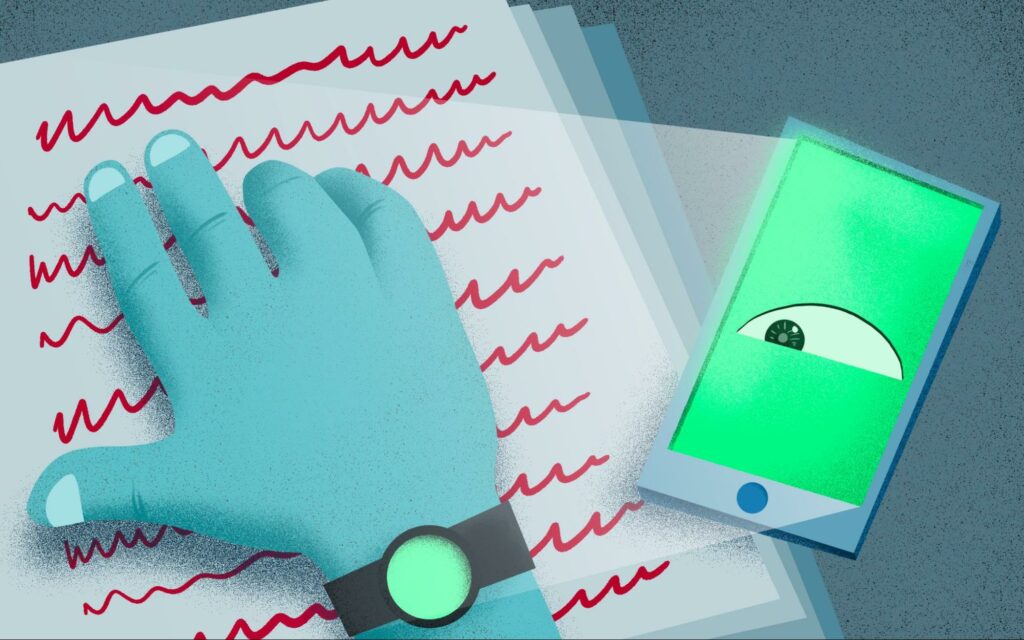Illustration of a phone with an eye looking at someone's hand on a paper with scribbles.