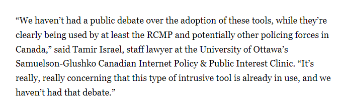 Screenshot of Tamir Israel's comment about Canadian Police using spyware.