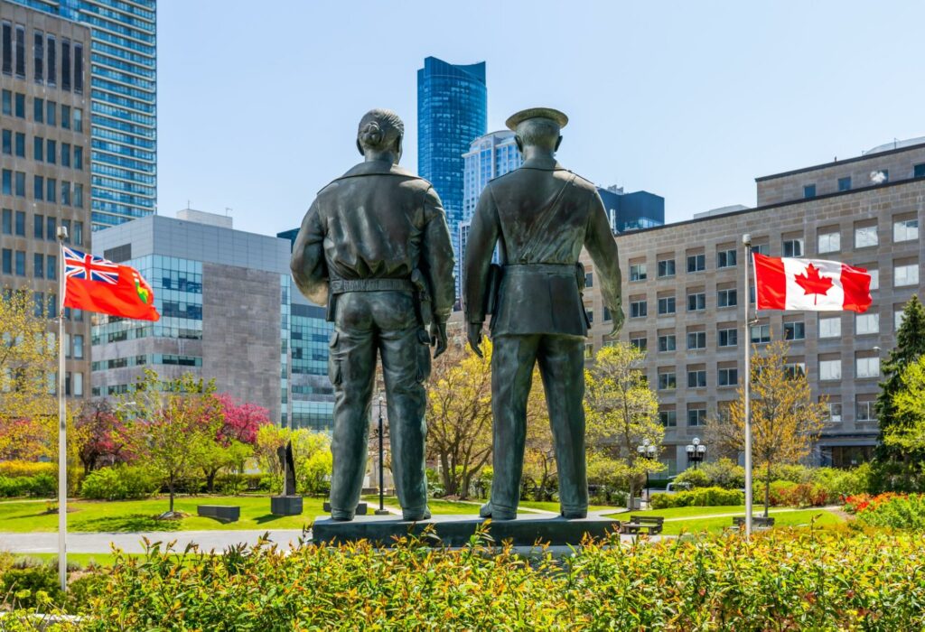 Photo of statue dedicated to police officers at Ontario Police Memorial Park.