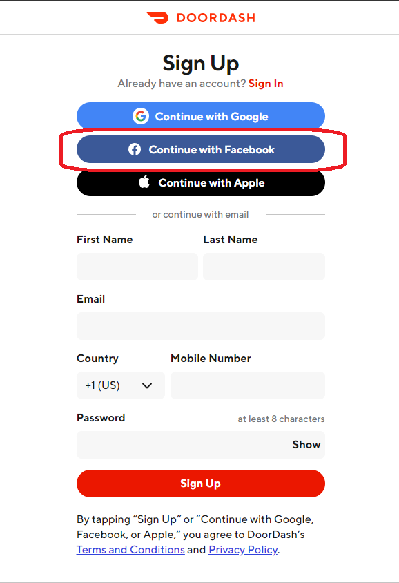 Screenshot of the DoorDash sign up screen with the Facebook option highlighted.
