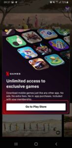 Screenshot showing the Netflix gaming app redirecting to the Play Store