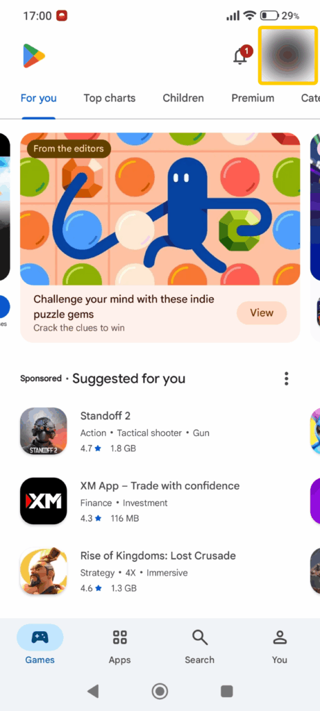 A screenshot of the Google Play Store's home screen on an Android device.