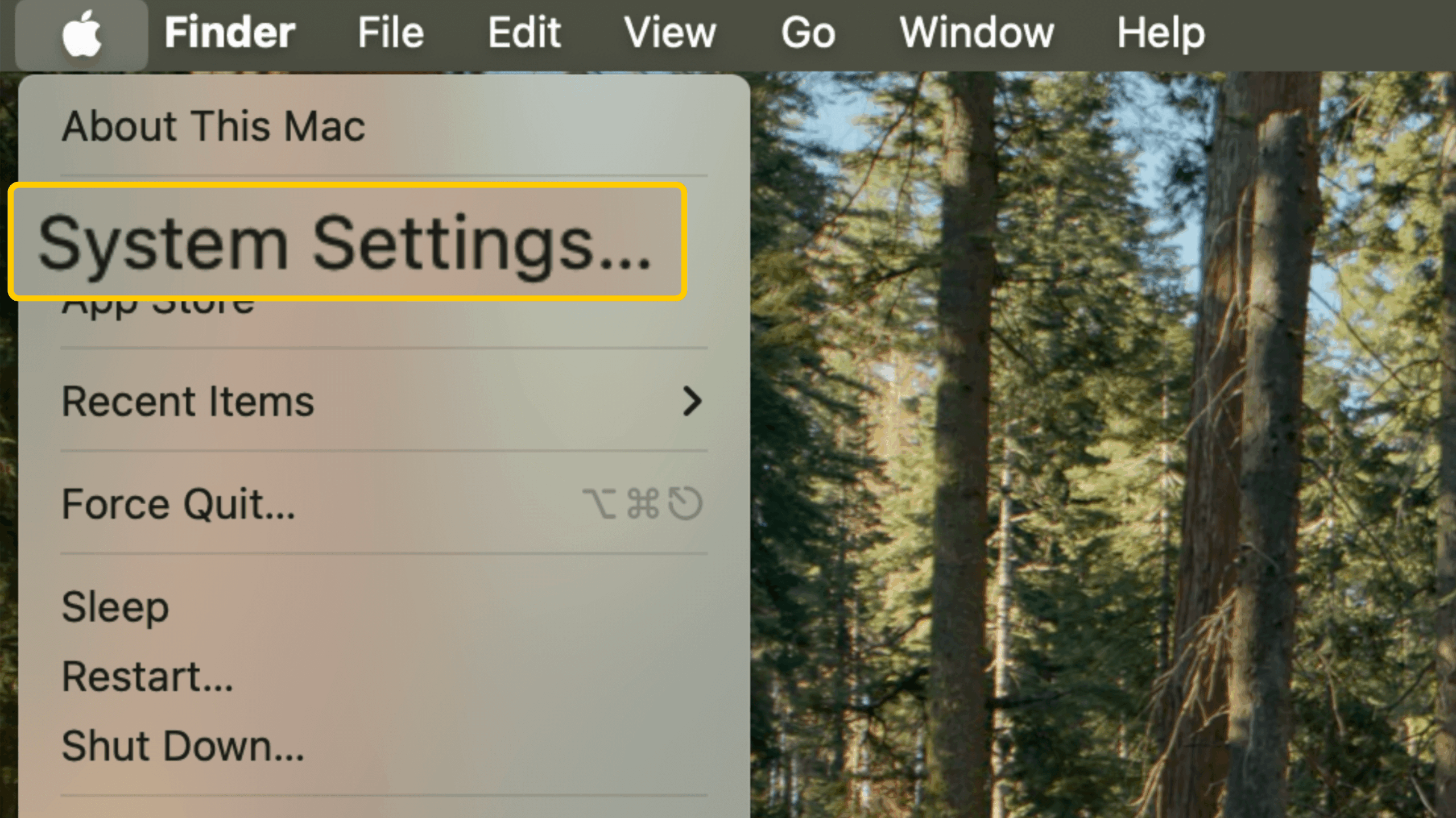 Captura de pantalla del menú Apple en Mac, resaltando Ajustes del sistema