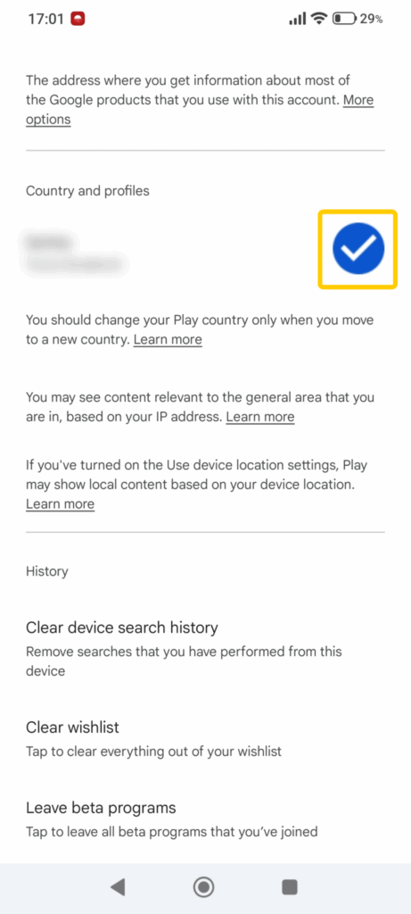View country and profiles section in Google Play Store