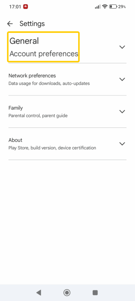 A screenshot of the Google Play Store Settings menu.
