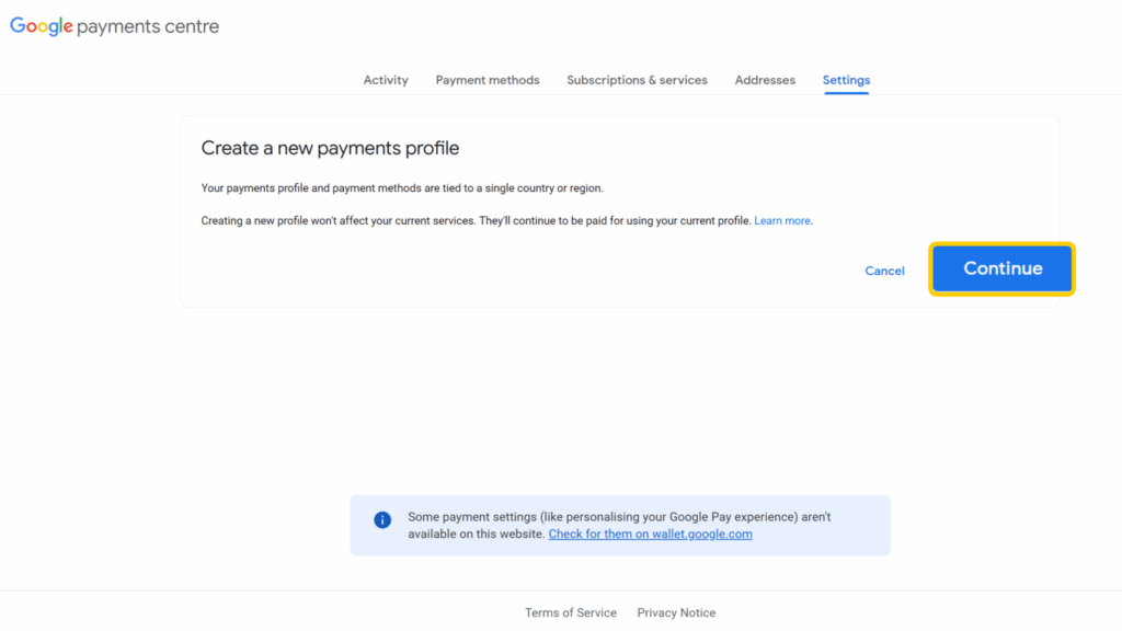 Select a country or region when creating a new payments profile