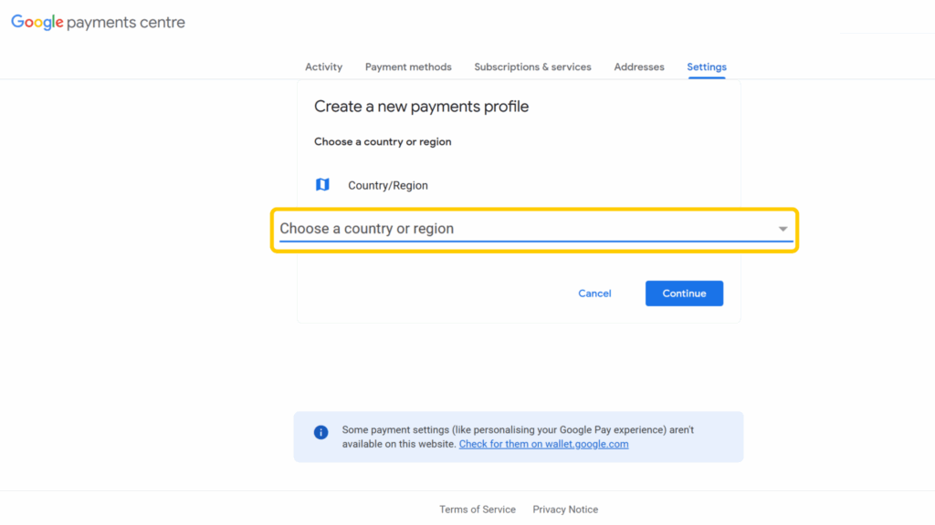 Select a country or region from the dropdown menu.