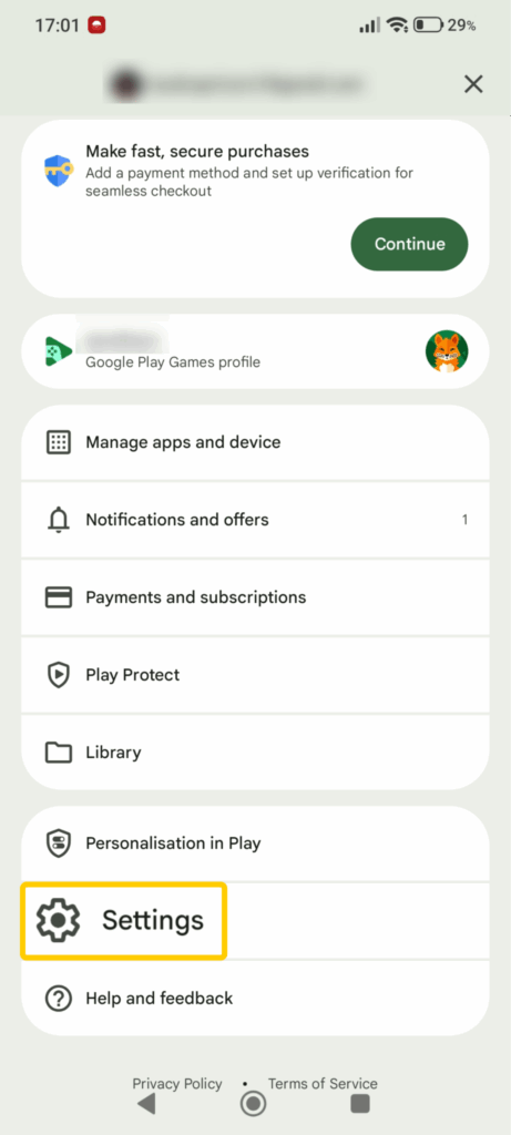 A screenshot of the Profile menu in the Google Play Store app.