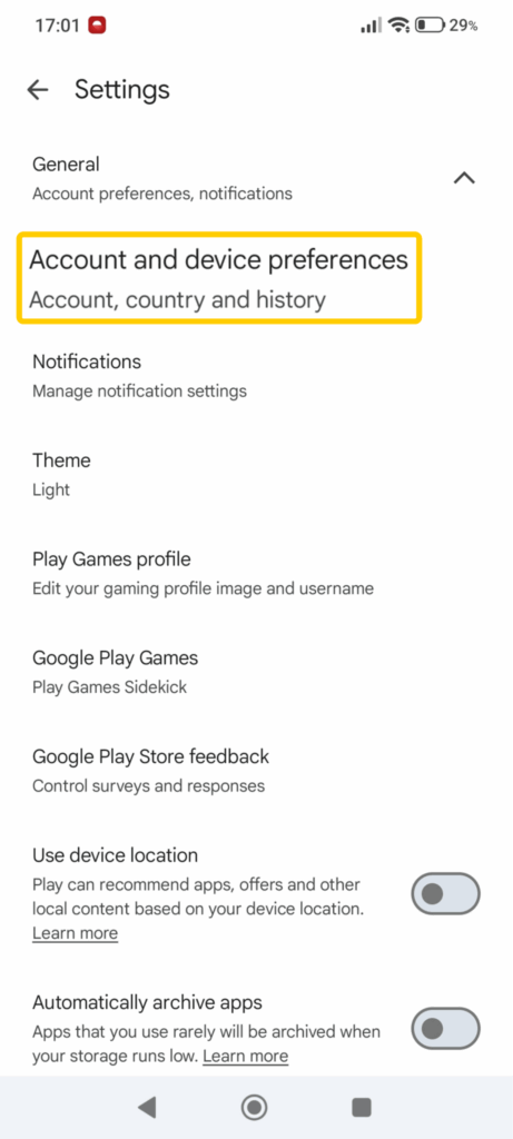 A screenshot of the contents of the General tab in Google Play Store's Settings menu.