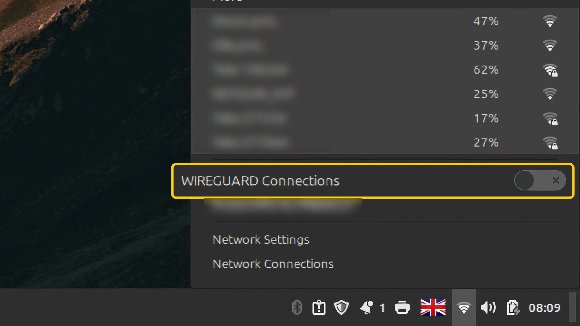 Captura de pantalla que muestra una conexión VPN inactiva en Linux