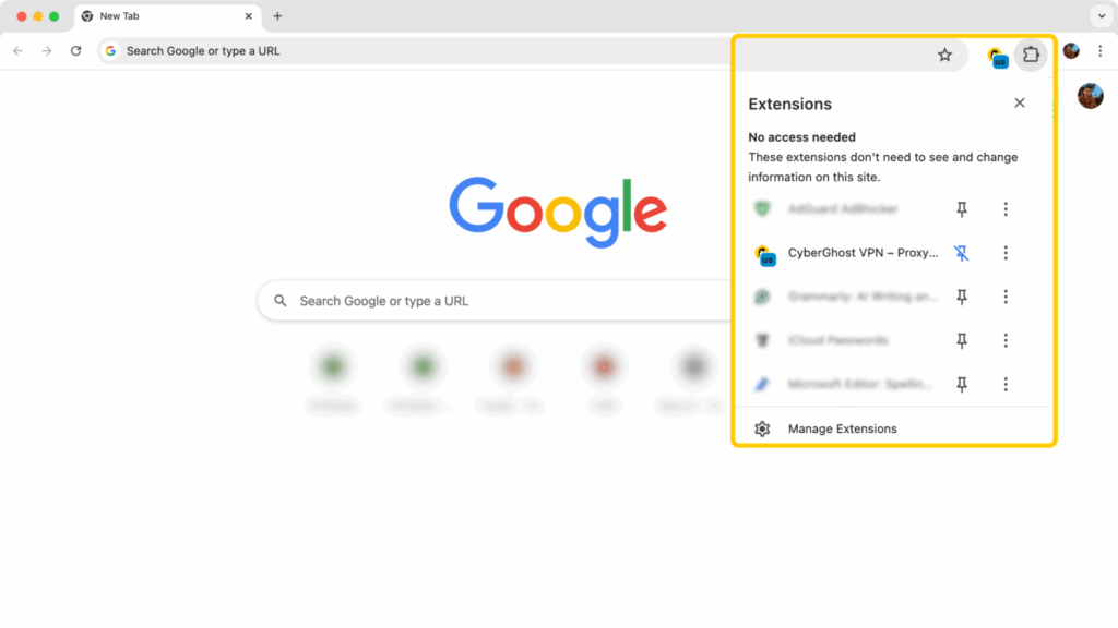 Captura de pantalla del navegador Chrome de of Google con una lista ampliada de add-ons instalados.