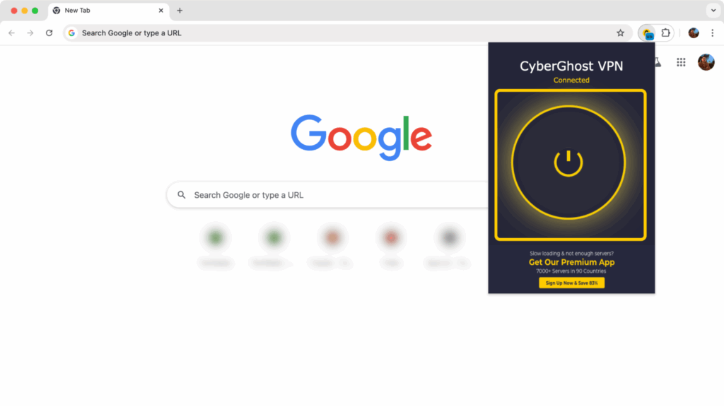 Captura de pantalla del add-on de CyberGhost VPN para Chrome mostrando una conexión VPN activa.