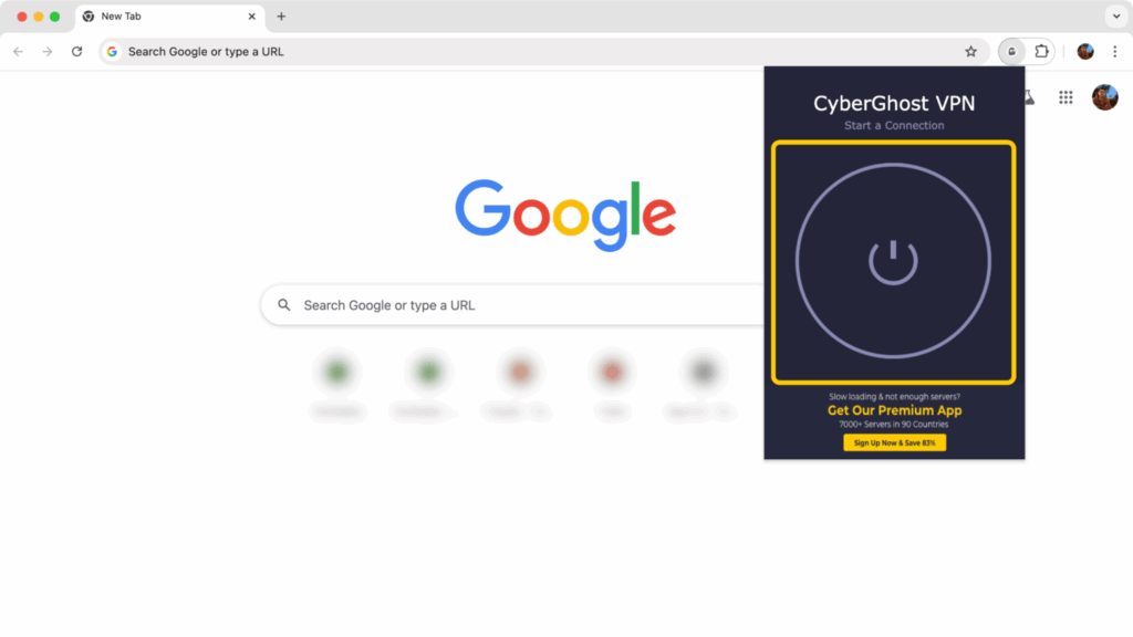 Captura de pantalla del add-on de CyberGhost VPN para Chrome mostrando una conexión VPN inactiva.