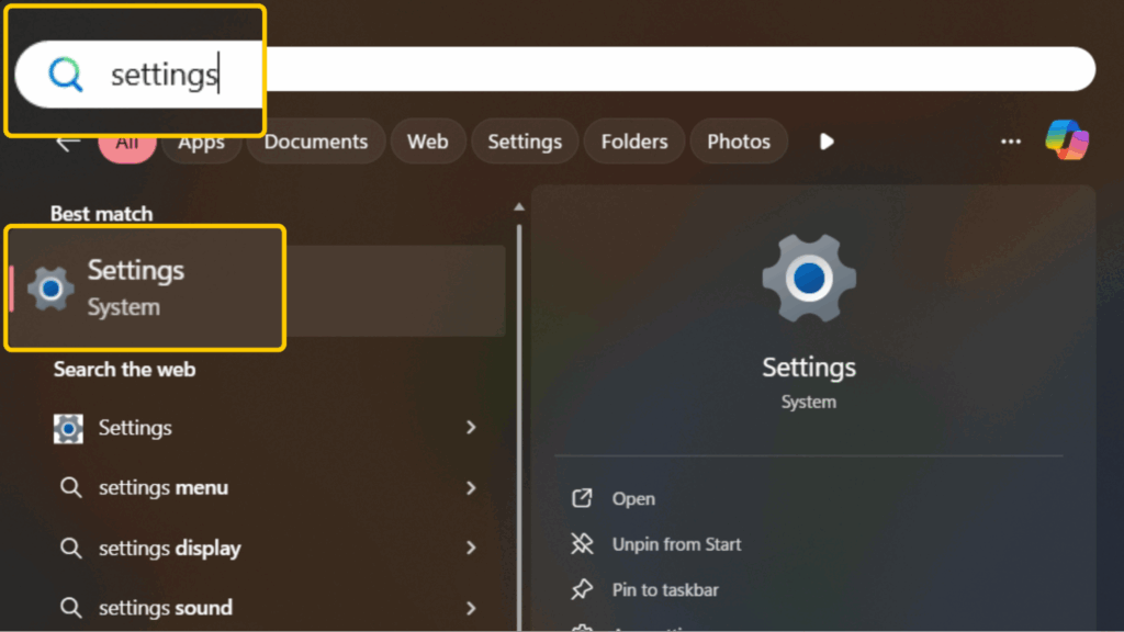 Captura de pantalla del menú de inicio de Windows con la app Configuración resaltada