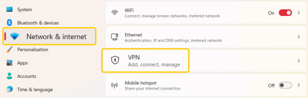 Captura de pantalla de la configuración de red de Windows, con las opciones de VPN resaltadas