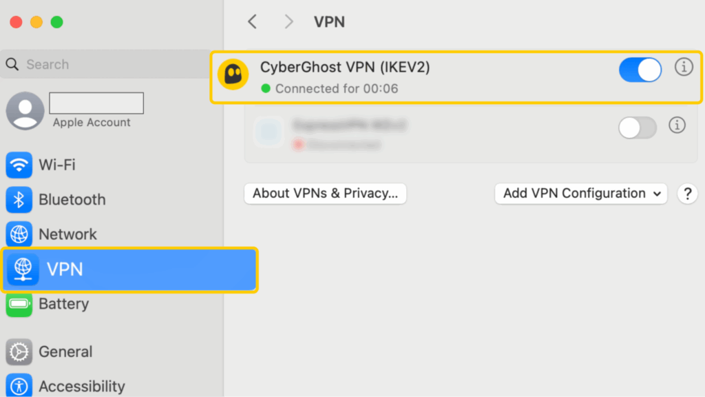 Captura de pantalla que muestra cómo desactivar una conexión de CyberGhost VPN en macOS usando los Ajustes del sistema.