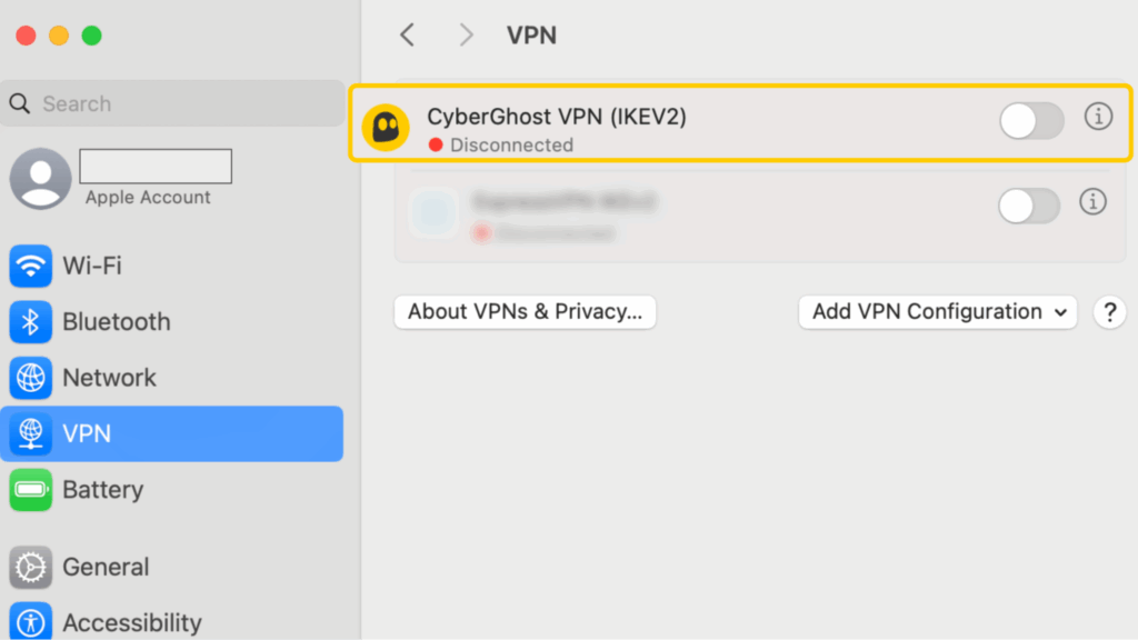 Captura de pantalla que muestra una conexión inactiva de CyberGhost en macOS.