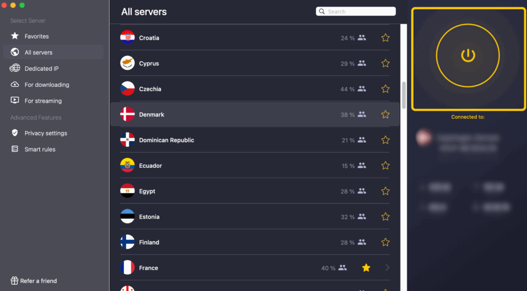 Captura de pantalla que muestra una conexión activa en la app CyberGhost VPN