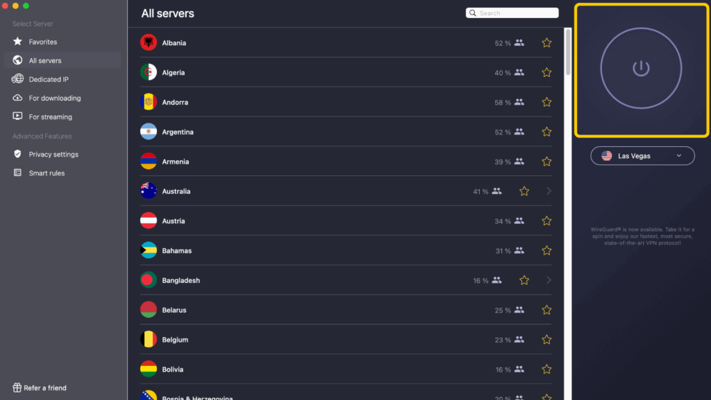 Interfaz de la app de CyberGhost VPN mostrando una conexión VPN inactiva.