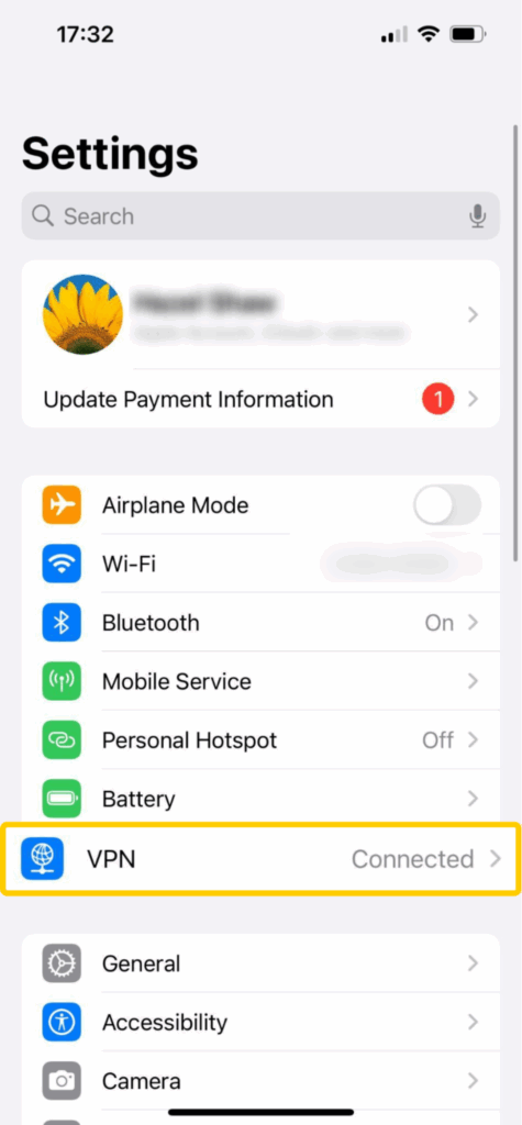 Captura de pantalla que muestra la app Ajustes en un iPhone con