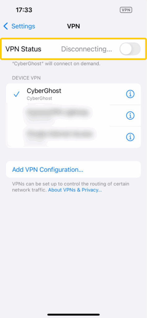 Desconectando una VPN manualmente usando la app Ajustes en iOS.