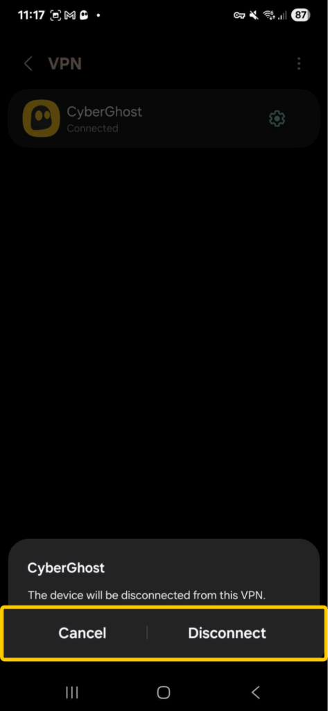 Desactivado manual de una VPN en Android.