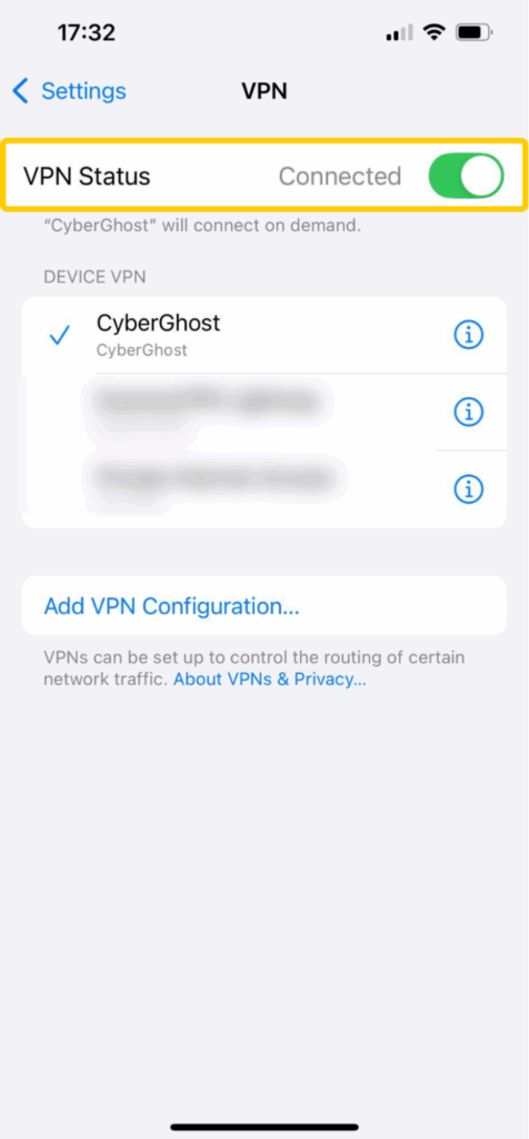 Captura de pantalla de los ajustes VPN en iOS mostrando una conexión VPN activa.