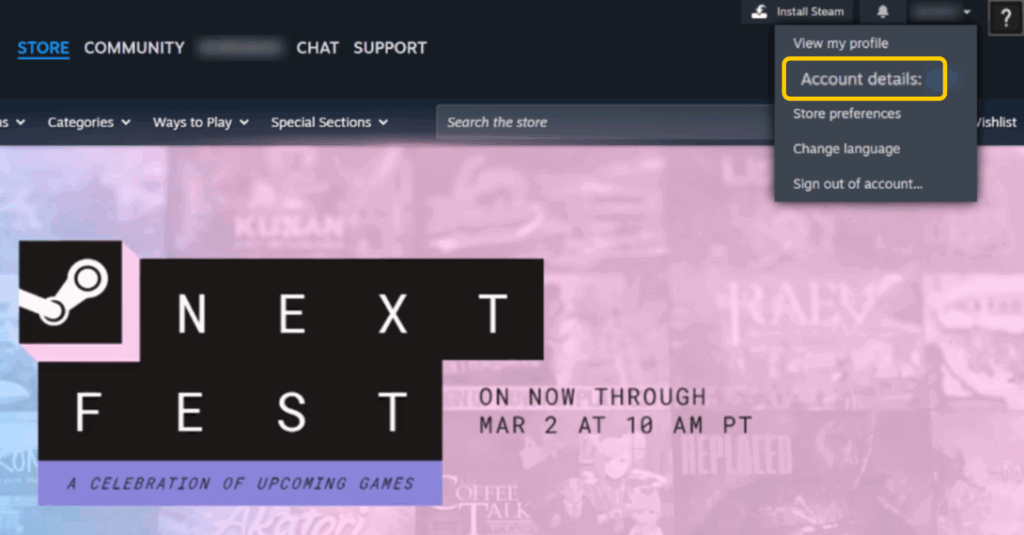 A screenshot showing how to access your account on Steam on browser