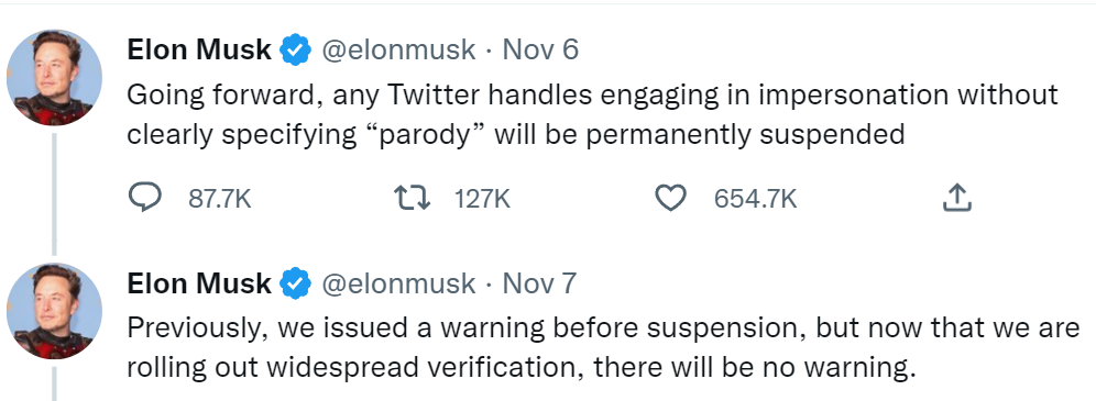 Screenshot of Elon Musk's tweet about banning impersonation accounts.