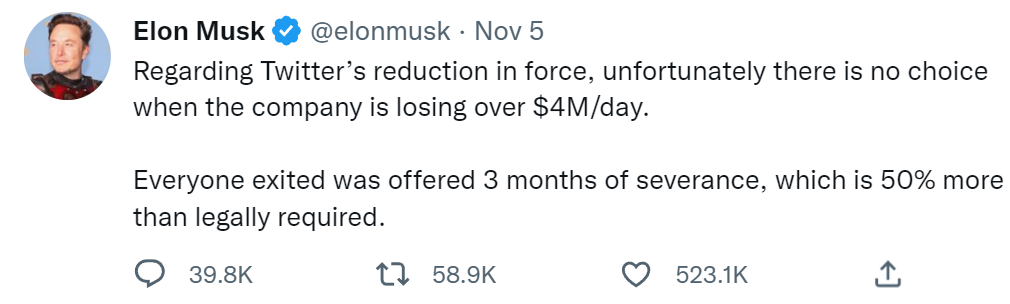Screenshot of Elon Musk's Tweet about workforce cuts.