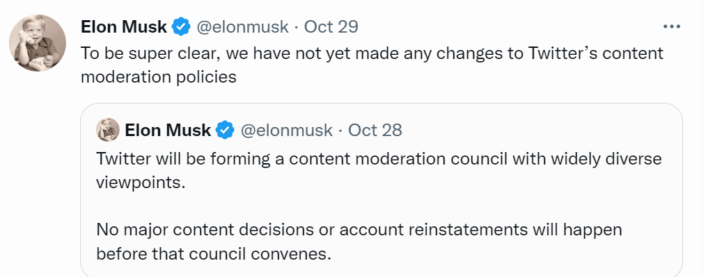 Elon Musk's Tweet about content moderation at Twitter.