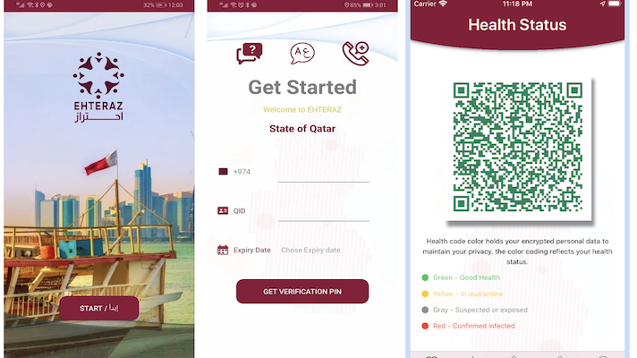 Screenshots of the Qatar Covid tracking app's interface